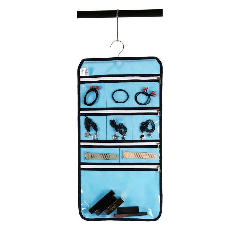 ANIZER Travel Foldable Jewelry Rolls Bag Hanging Jewelry Organizer with 9 Zippered Clear Pockets Storage Pouch with Rotatable Hanger (BLUE) - Image 4